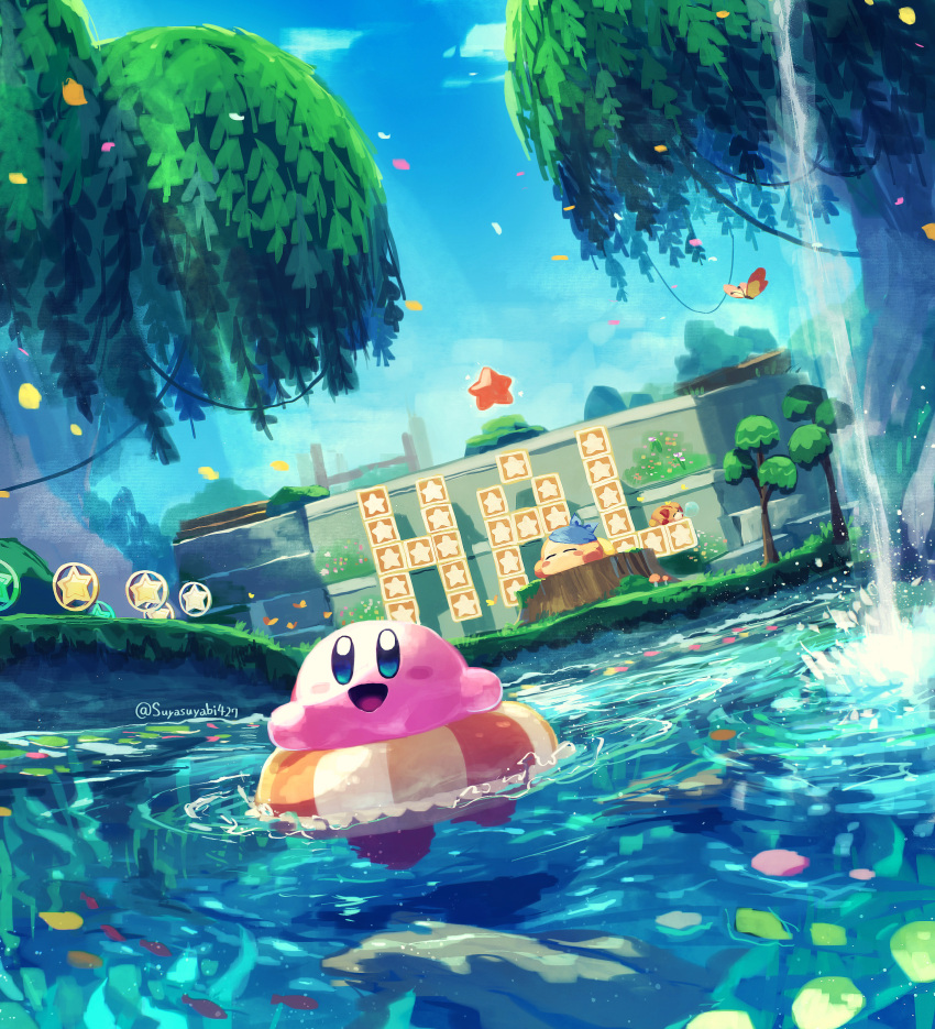 absurdres awoofy bandana bandana_waddle_dee block blue_bandana blue_sky blush_stickers bug butterfly closed_eyes clouds colored_skin day falling_leaves grass highres kirby kirby_(series) kirby_and_the_forgotten_land leaf lifebuoy morpho_knight mushroom nature no_humans open_mouth petals petals_on_liquid pink_skin scenery sky sleeping smile suyasuyabi tree_stump twitter_username warp_star water waterfall