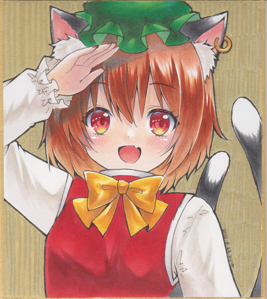 1girl :d animal_ear_fluff animal_ears bow cat_ears cat_tail chen ear_piercing earrings fang green_headwear hat highres jewelry long_sleeves mob_cap multiple_tails nekomata open_mouth piercing red_vest shikishi shirt single_earring skin_fang smile tail tatami touhou traditional_media tsugumi_(tky-fam) two_tails vest white_shirt
