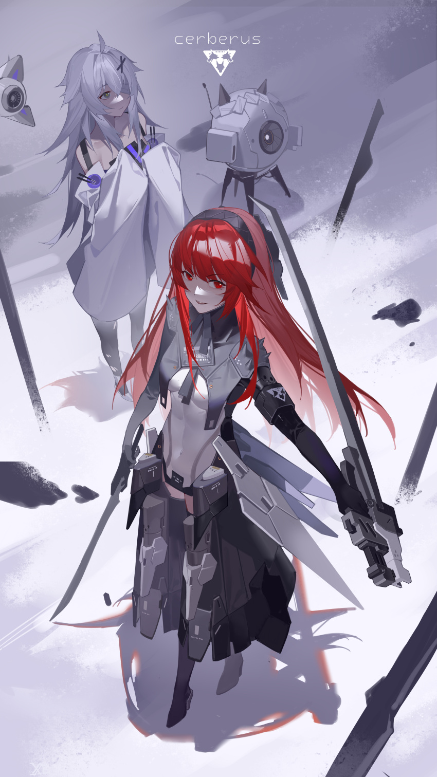 2486130 2girls absurdres armor armored_dress bandage_over_one_eye breasts detached_sleeves drone dual_wielding green_eyes grey_hair hair_between_eyes hair_ornament highres holding holding_weapon long_hair long_sleeves looking_at_viewer mechanical_parts medium_breasts multiple_girls no.21_(punishing:_gray_raven) open_mouth outdoors punishing:_gray_raven red_eyes redhead shadow shoulder_armor snow standing sword vera_(punishing:_gray_raven) weapon