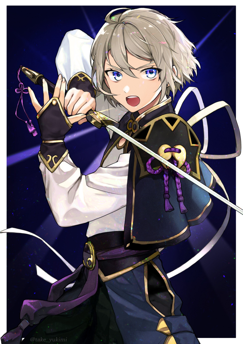 1boy :o absurdres ahoge bangs bishounen blue_eyes chinese_armor chinese_clothes commentary_request cowboy_shot fate/grand_order fate_(series) gloves gold_trim grey_hair hair_between_eyes highres holding holding_sword holding_weapon long_sleeves looking_away male_focus no_mask open_mouth pants prince_of_lan_ling_(fate) serious shiny shiny_hair short_hair solo sword tassel tate_yukimi teeth upper_teeth weapon