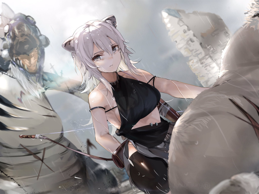 1girl animal_ears bow_(weapon) breasts closed_mouth crop_top earrings expressionless funi_mu9 grey_eyes grey_hair highres hololive jewelry lion lion_ears lion_girl long_hair monster open_mouth quiver rain shishiro_botan sideboob sleeveless solo_focus squatting virtual_youtuber weapon