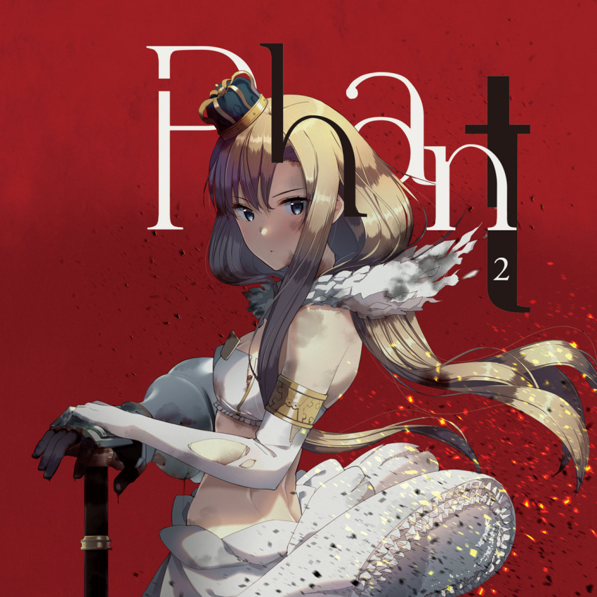 1girl :o album_cover blonde_hair blue_eyes bruise bruise_on_face cinders copyright_request cover cowboy_shot crown dot_mouth eight_tohyama frills from_side fur_trim highres injury long_hair looking_at_viewer mini_crown phant_(taishi) planted planted_sword skirt solo standing strapless sword torn_clothes tube_top weapon