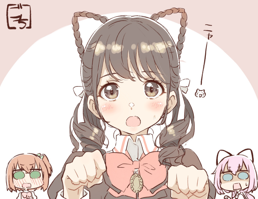 3girls amamiya_sophia_seren animal_ears artist_name assault_lily bangs blue_eyes blush bow bowtie braid brown_eyes brown_hair brown_jacket cat cat_ears chibi chibi_inset collared_shirt commentary_request cosplay crossed_bangs drill_hair fake_animal_ears fang gochisousama_(tanin050) green_bow green_eyes hair_bow hair_ears hair_ribbon hands_up jacket jewelry juliet_sleeves kishimoto_lucia_raimu kishimoto_lucia_raimu_(cosplay) long_hair long_sleeves looking_at_another looking_at_viewer low_twintails ludvico_private_girls'_academy_school_uniform medium_hair miyase_reina multiple_girls necklace nose_blush one_side_up open_mouth orange_hair paw_pose pendant pink_background pink_bow pink_bowtie portrait puffy_sleeves real_life rectangular_mouth ribbon school_uniform shaded_face shirt short_hair solid_oval_eyes sweatdrop toda_eulalia_kotohi translated twin_braids twin_drills twintails two-tone_background v-shaped_eyebrows voice_actor voice_actor_connection wavy_mouth white_background white_ribbon white_shirt