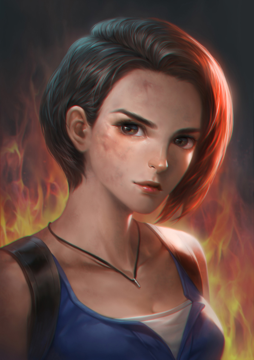 1girl asymmetrical_hair bare_shoulders blue_shirt breasts brown_eyes brown_hair collarbone dirty dirty_face fiery_background fire highres jewelry jill_valentine kacheong lips looking_at_viewer medium_breasts necklace portrait resident_evil resident_evil_3 shirt short_hair sleeveless sleeveless_shirt solo undershirt white_shirt