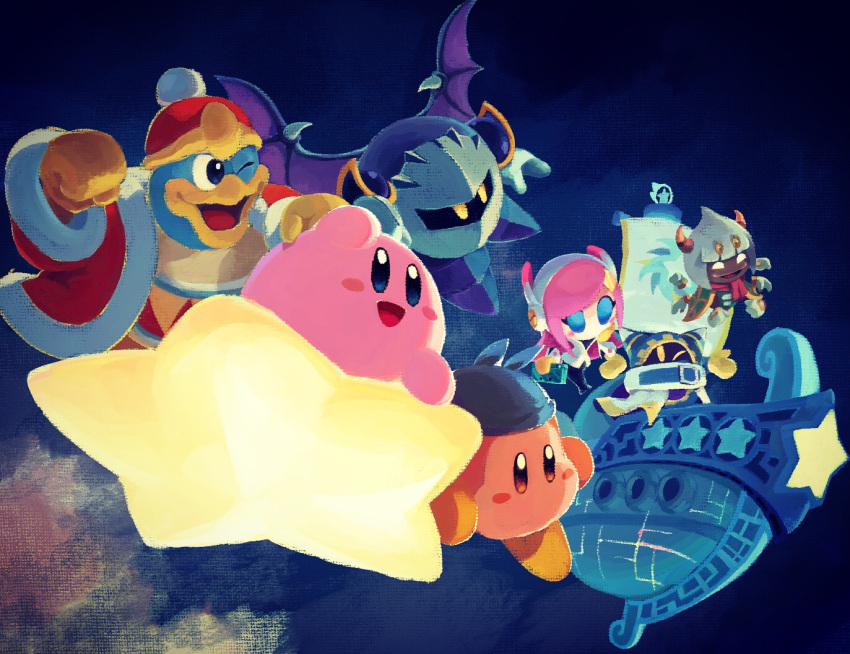 aircraft airship bandana bandana_waddle_dee blue_bandana blue_eyes character_request king_dedede kirby kirby_(series) magolor mask meta_knight pink_hair red_headwear short_hair suyasuyabi warp_star wings yellow_eyes