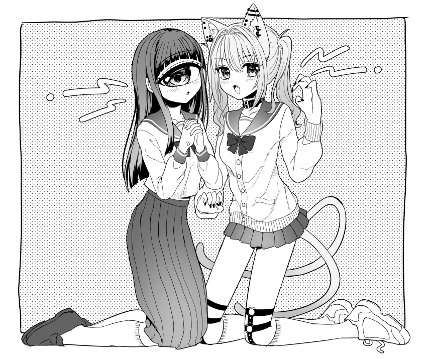 2girls :o absurdres animal_ears azen_(mntimcczgrtn) belt_collar blush bow bowtie cat_ears cat_tail claw_pose collar cyclops ear_piercing earrings fang greyscale highres jewelry kneeling long_hair long_sleeves looking_at_viewer miniskirt monochrome multiple_girls multiple_tails one-eyed original piercing pleated_skirt sailor_collar school_uniform serafuku shirt shoes skirt smile socks tail twintails two_tails
