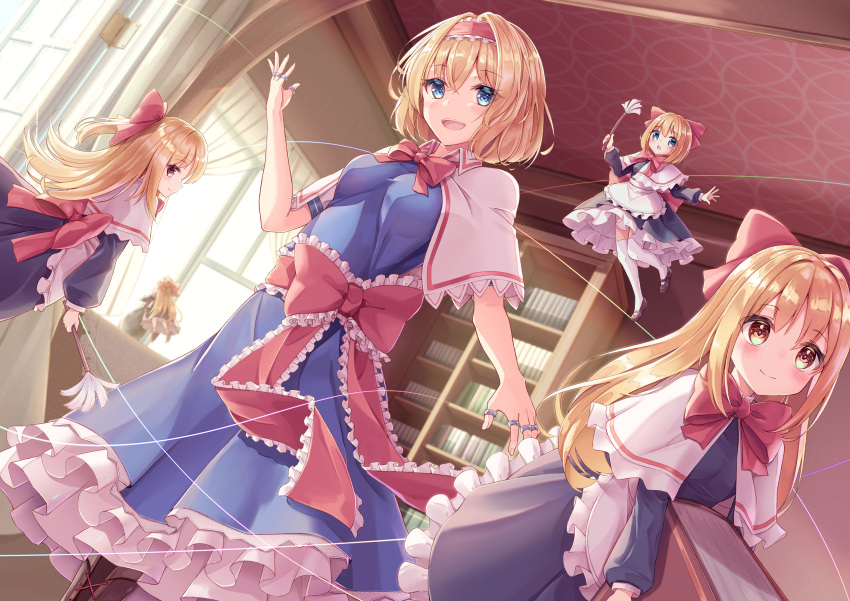1girl absurdres alice_margatroid blonde_hair blue_dress blue_eyes blush capelet dress frilled_dress frills hair_between_eyes hairband highres jewelry lolita_hairband messiah_&amp;_crea open_mouth puppet_rings puppet_strings red_hairband ring shanghai_doll short_hair smile solo touhou white_capelet