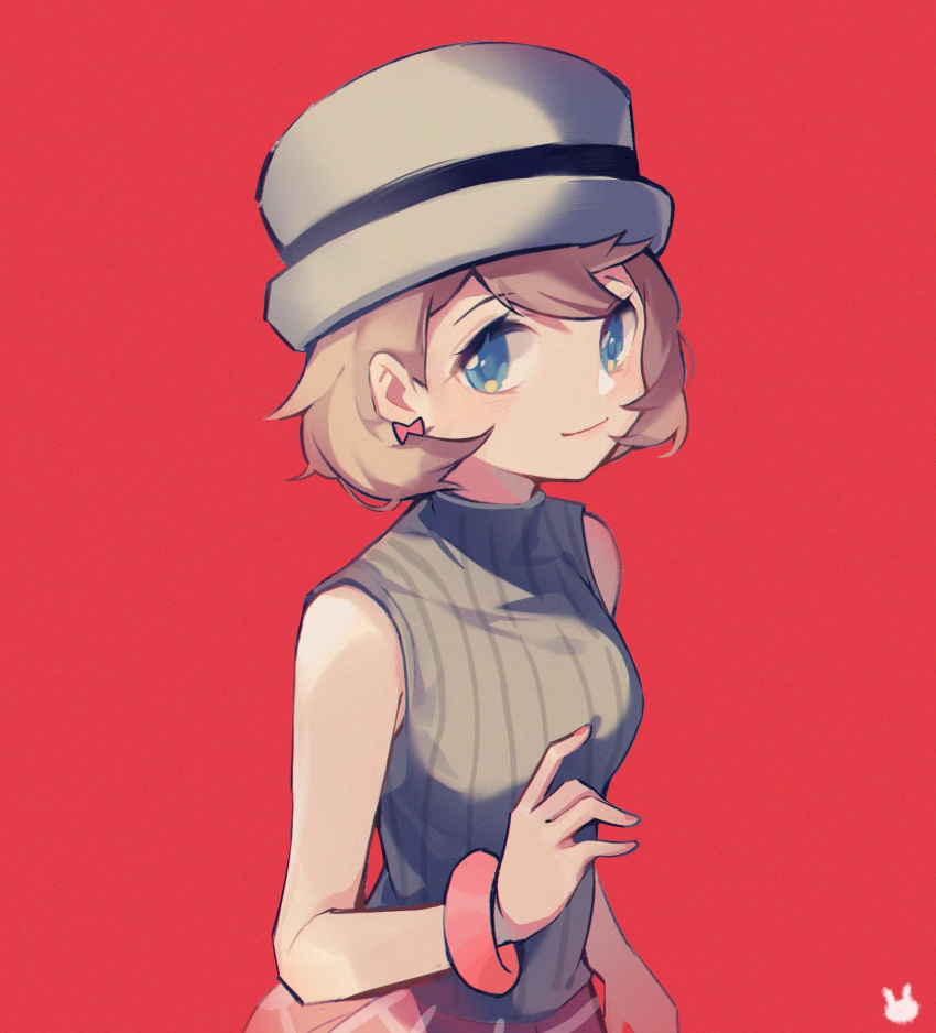 1girl bangs blonde_hair blue_eyes bracelet closed_mouth commentary_request grey_headwear hand_up hat highres jewelry looking_at_viewer nail_polish pink_nails podayo_po pokemon pokemon_(anime) pokemon_journeys red_background red_skirt serena_(pokemon) short_hair simple_background skirt smile solo sweater_vest