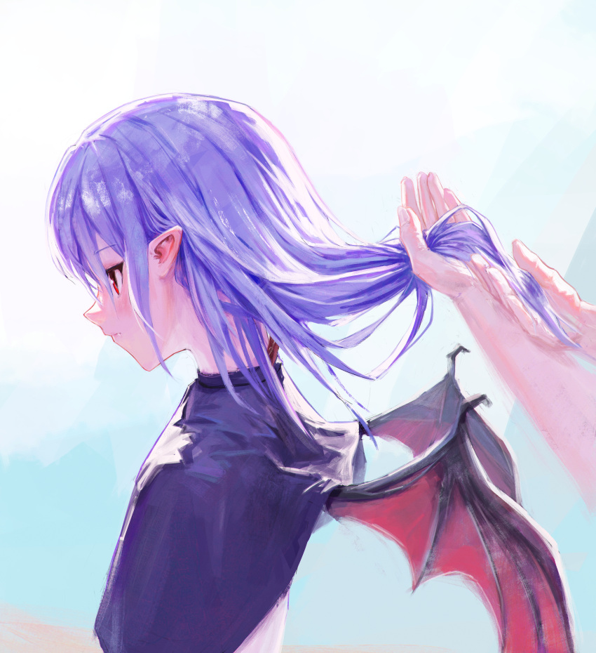 1girl 1other absurdres bat_wings black_capelet blush capelet closed_mouth commentary fang fang_out from_side highres holding_another's_hair lips long_hair looking_down nepperoni no_headwear out_of_frame pointy_ears profile purple_hair red_eyes remilia_scarlet simple_background symbol-only_commentary touhou wings