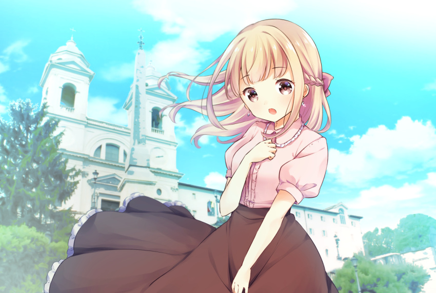 1girl :o architecture bangs blonde_hair bow braid brown_eyes castle center_frills collared_shirt cross day earrings frilled_shirt_collar frilled_skirt frills hair_bow half_updo hand_on_own_chest jewelry long_hair mameko_minami open_mouth original outdoors puffy_short_sleeves puffy_sleeves shirt short_sleeves skirt sky solo tower tree