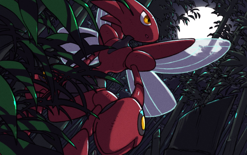 bamboo bamboo_forest commentary_request forest from_below lico_(sasya_k) looking_up moon nature night no_humans orange_eyes outdoors parted_lips pokemon pokemon_(creature) scizor sky solo standing
