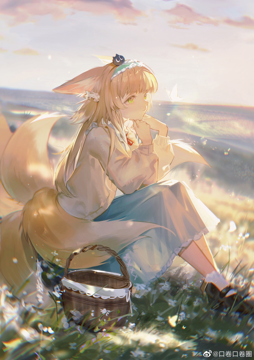 1girl absurdres animal_ear_fluff animal_ears arknights basket black_footwear blonde_hair blue_skirt chinese_commentary closed_mouth clouds commentary creature field flower fox_ears fox_girl fox_tail frilled_hairband frills full_body grass green_eyes green_hairband hairband hands_up head_rest heixiu highres koujuan long_hair long_sleeves looking_at_animal luoxiaohei mary_janes multiple_tails neck_ribbon official_alternate_costume outdoors red_ribbon ribbon scrunchie shirt shoes sitting skirt sky socks solo suzuran_(arknights) suzuran_(spring_praise)_(arknights) tail the_legend_of_luo_xiaohei twilight weibo_logo weibo_username white_flower white_scrunchie white_shirt white_socks