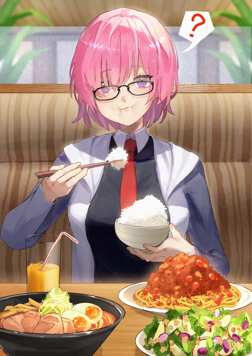 1girl ? bowl chopsticks cup drinking_glass drinking_straw eating egg_(food) fate/grand_order fate_(series) food food_on_face full_mouth glasses hair_over_one_eye highres mash_kyrielight myuzu0711 necktie pasta pink_hair rice rice_bowl salad spaghetti violet_eyes