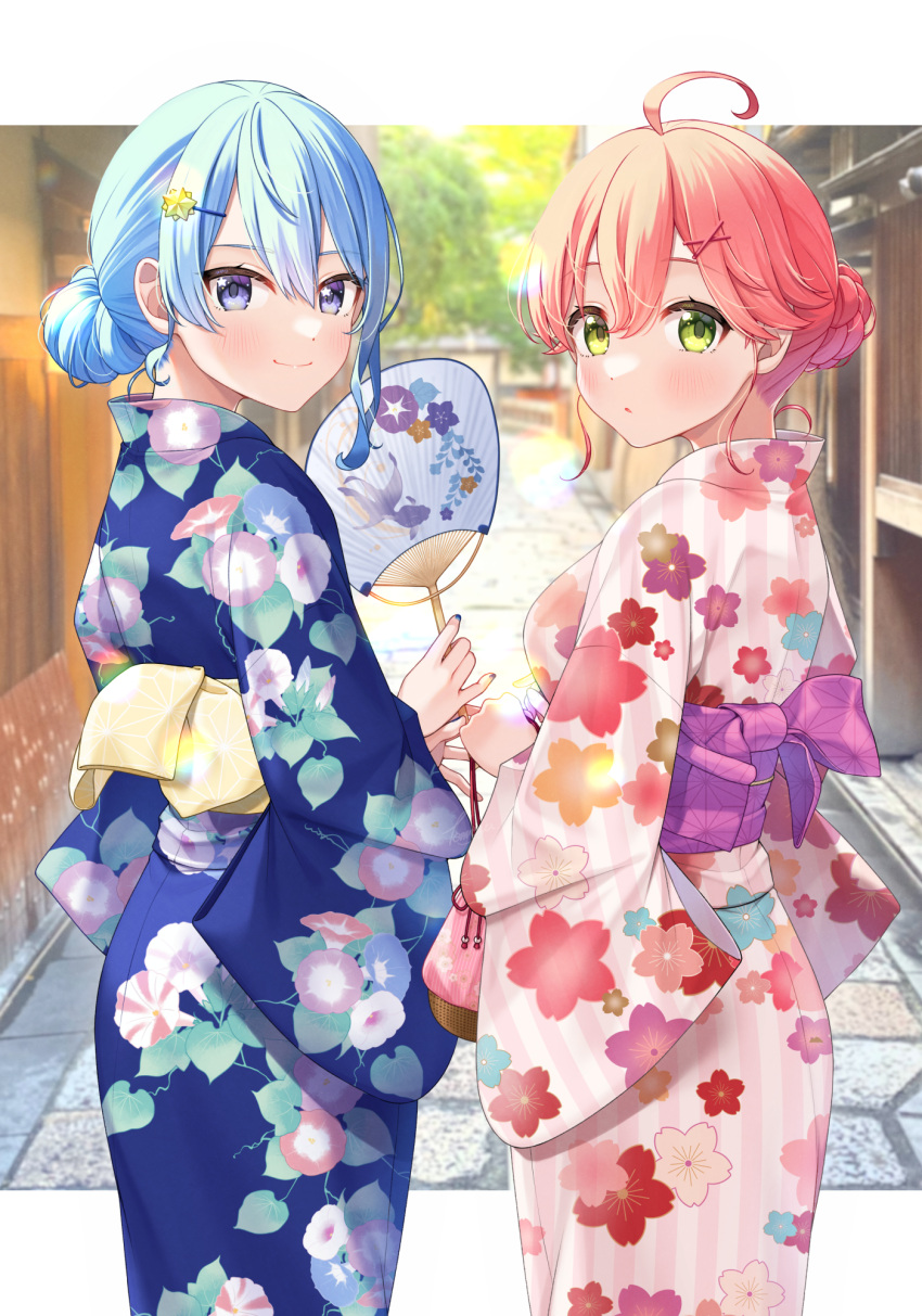 2girls ahoge bangs blue_eyes blue_hair blush breasts closed_mouth floral_print from_behind green_eyes hair_between_eyes hair_bun hair_ornament hand_fan highres holding holding_fan hololive hoshimachi_suisei japanese_clothes kimono letterboxed looking_at_viewer looking_back multiple_girls nail_polish outdoors outside_border paper_fan parted_lips pink_hair print_kimono sakura_miko short_hair smile standing star_(symbol) star_in_eye symbol_in_eye tomozu uchiwa virtual_youtuber x_hair_ornament yukata