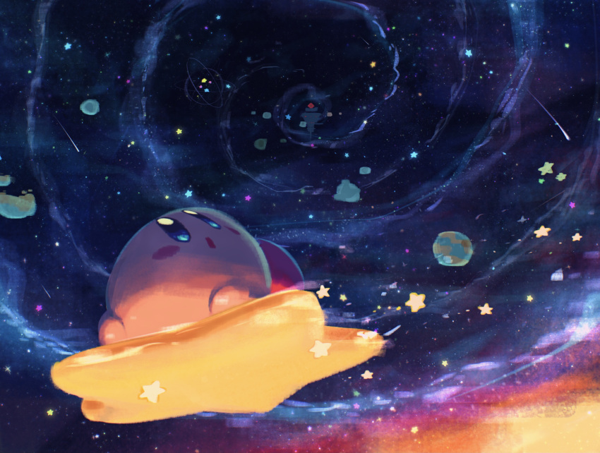 blue_eyes blush_stickers highres jambastion kirby kirby:_star_allies kirby_(series) looking_up nebula open_mouth planet shooting_star sky star_(sky) star_(symbol) starry_sky suyasuyabi warp_star