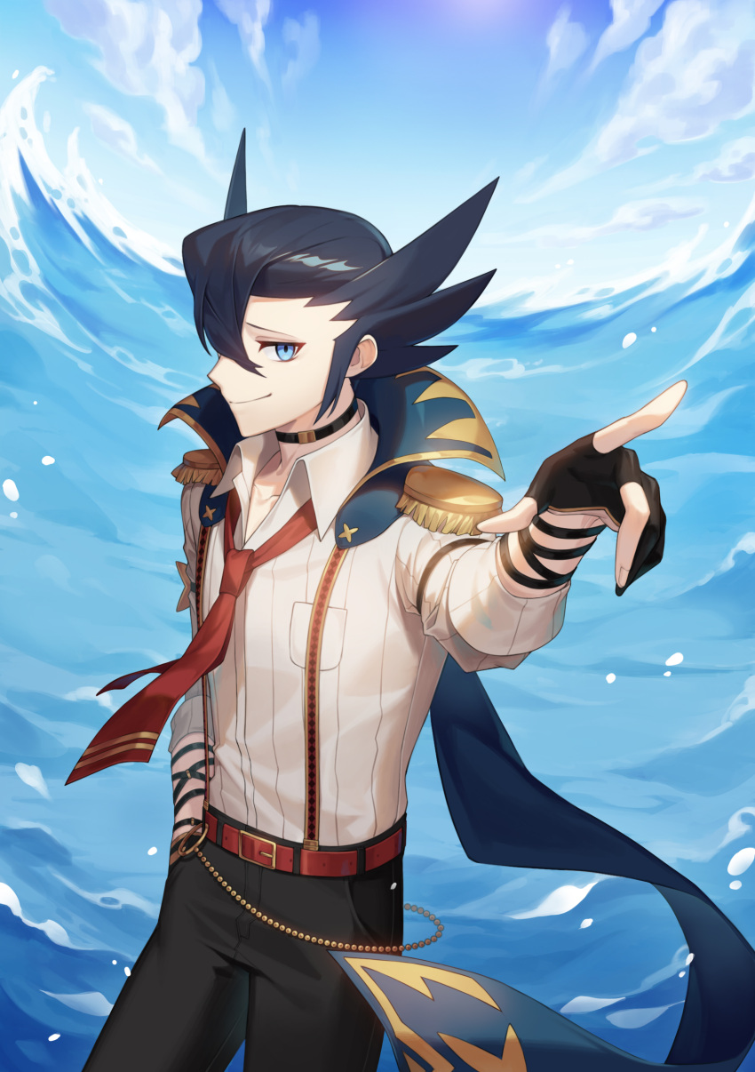 1boy absurdres bangs belt black_choker black_gloves black_hair black_pants blue_cape blue_eyes cape choker closed_mouth clouds collared_shirt day epaulettes fingerless_gloves gloves grimsley_(pokemon) hand_in_pocket hand_up highres looking_at_viewer male_focus mongguri necktie official_alternate_costume outdoors pants pointing pointy_hair pokemon pokemon_(game) pokemon_masters_ex red_belt red_necktie shiny shiny_hair shirt sky smile solo suspenders water white_shirt
