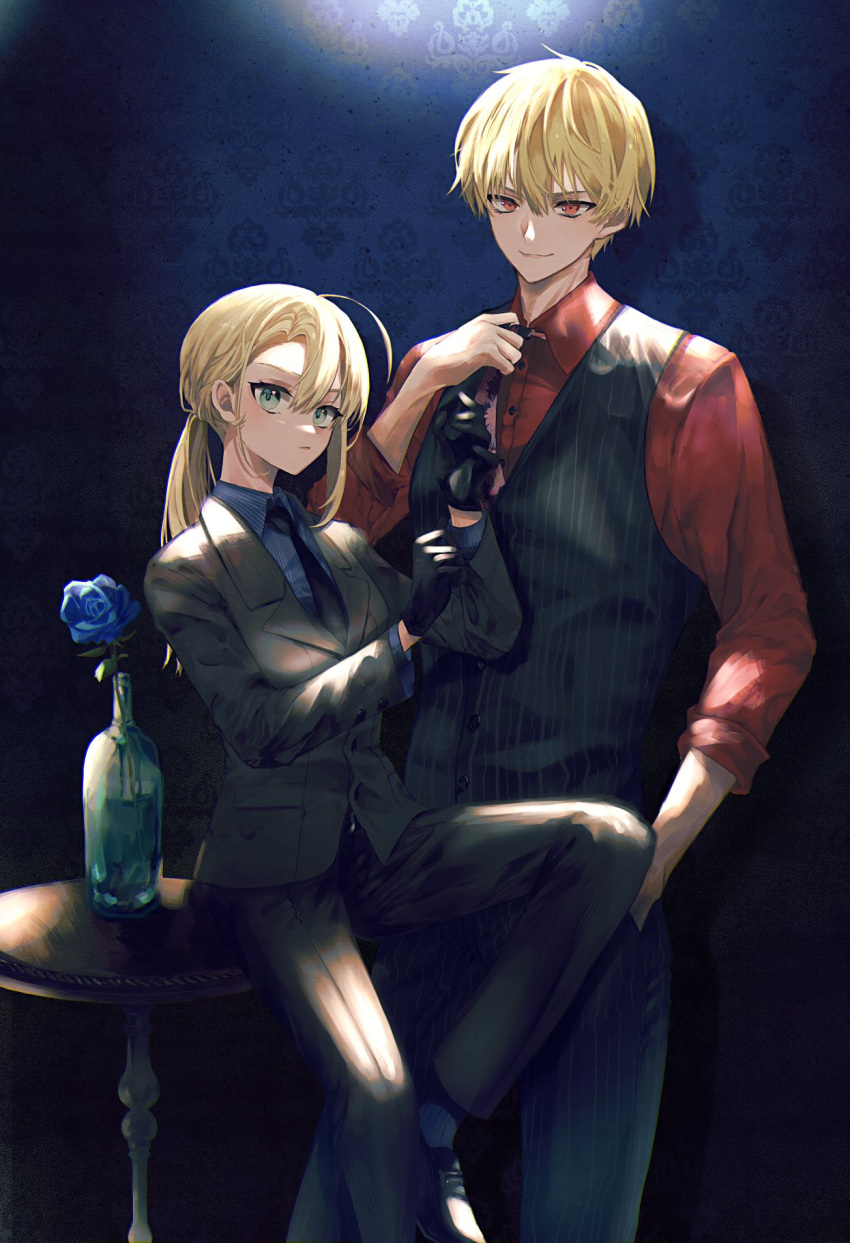 1boy 1girl adjusting_clothes adjusting_gloves adjusting_necktie ahoge alternate_costume alternate_hairstyle artoria_pendragon_(fate) bangs black_footwear black_gloves black_jacket black_necktie black_vest blonde_hair blue_flower blue_pantyhose blue_rose blue_shirt blue_socks bottle closed_mouth collared_shirt commentary_request fate/extella fate/extella_link fate/extra fate/grand_order fate/hollow_ataraxia fate/stay_night fate/zero fate_(series) feet_out_of_frame flower formal gilgamesh_(fate) glass_bottle gloves green_eyes hand_in_pocket highres jacket light_blush long_hair long_sleeves looking_at_viewer necktie nigiri pants pantyhose ponytail red_eyes red_shirt rose saber shirt short_hair single_sidelock sitting sitting_on_table sleeves_rolled_up smile socks striped striped_pants striped_shirt striped_vest table vest