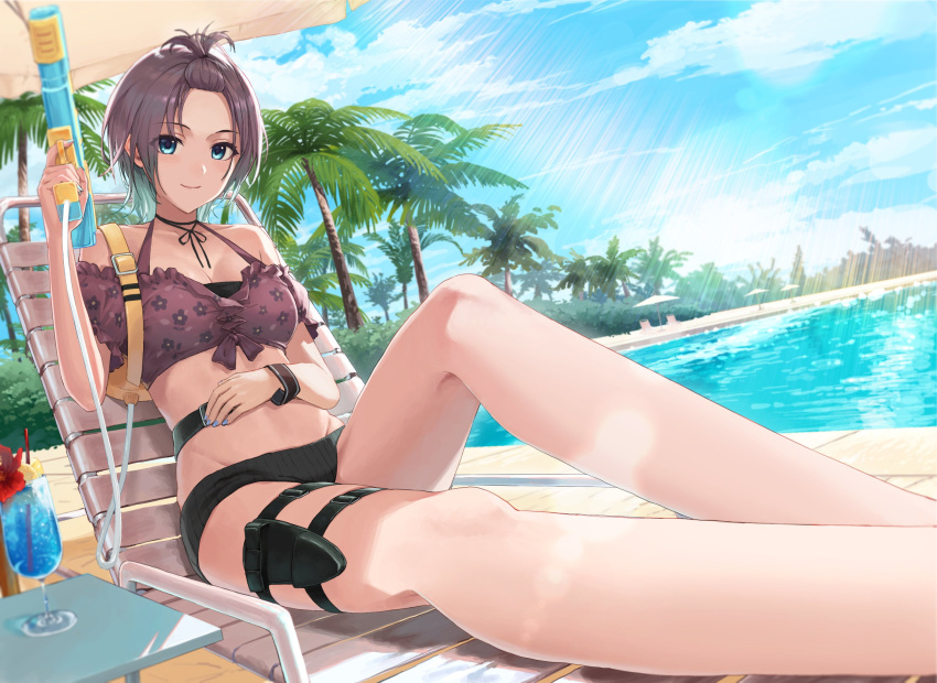 1girl ahoge asakura_toru beach_chair black_hair blue_eyes blue_hair blue_nails commentary_request day dutch_angle earrings gradient_hair highres idolmaster idolmaster_shiny_colors jewelry looking_at_viewer multicolored_hair outdoors pool short_hair sitting solo sunlight thigh_strap water_gun zelo6