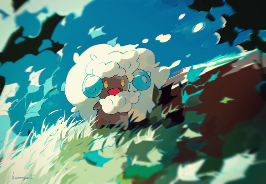 :d alternate_color commentary_request day grass highres nagakura_(seven_walkers) open_mouth outdoors pokemon shiny_pokemon signature sky smile standing whimsicott yellow_eyes