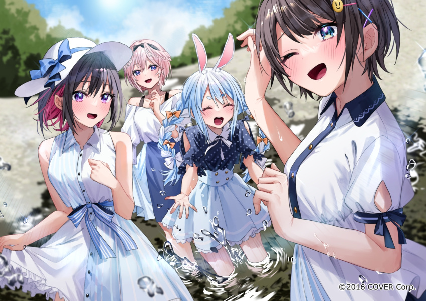 4girls :d ;d alternate_costume azki_(hololive) bare_shoulders black_hair blue_hair blush chigusa_minori colored_inner_hair dress hair_ornament hairclip hat high-waist_skirt hololive multicolored_hair multiple_girls official_art one_eye_closed oozora_subaru open_mouth pink_hair river shirt skirt sleeveless sleeveless_shirt smile splashing sundress takane_lui usada_pekora virtual_youtuber wading white_dress white_skirt witch_hat