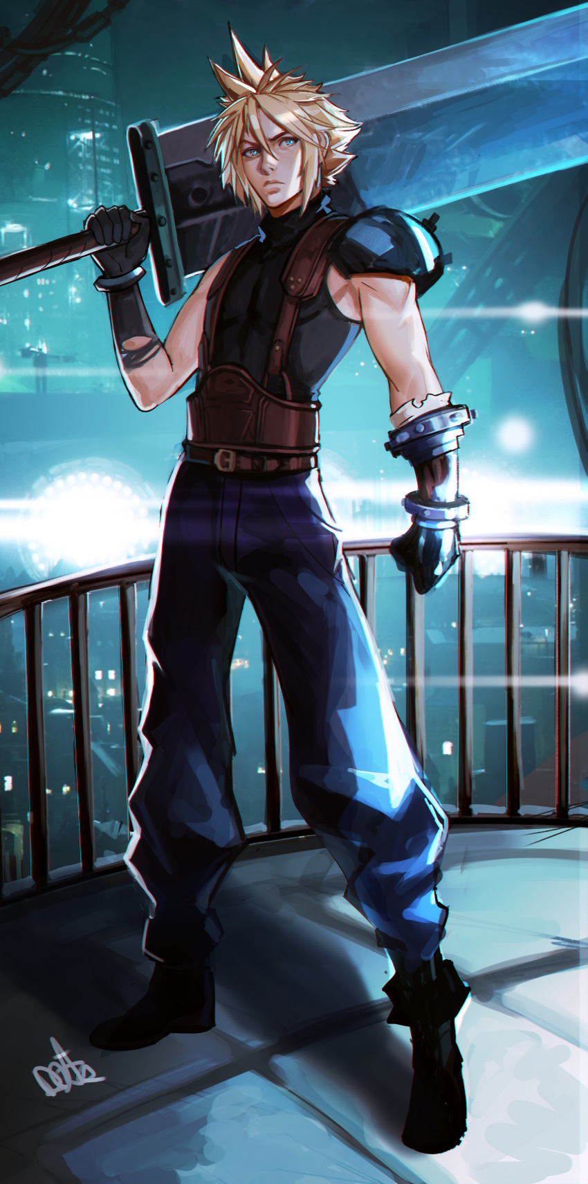 1boy absurdres armor black_footwear black_gloves black_shirt blonde_hair blue_eyes blue_pants boots closed_mouth cloud_strife distr final_fantasy final_fantasy_vii final_fantasy_vii_remake gloves hair_between_eyes highres holding holding_sword holding_weapon huge_weapon looking_at_viewer male_focus pants pauldrons railing shirt shoulder_armor solo standing sword weapon