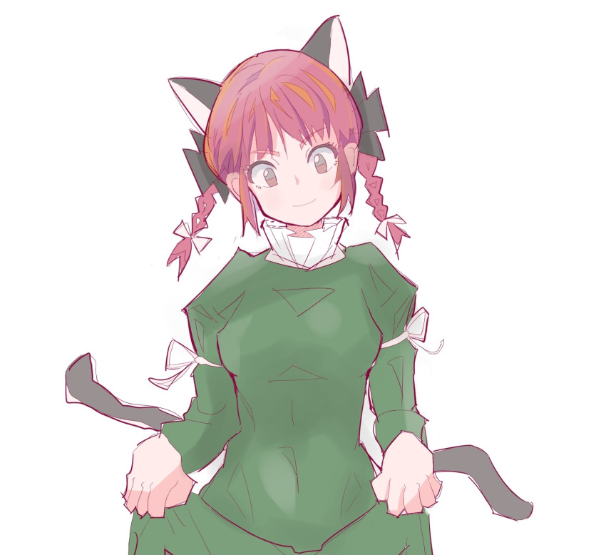 1girl animal_ears bow braid cat_ears cat_tail dress extra_ears green_dress highres holding holding_clothes holding_skirt kaenbyou_rin long_sleeves looking_down multiple_tails nekomata o0gintoki0o redhead simple_background skirt smile solo tail touhou twin_braids white_background