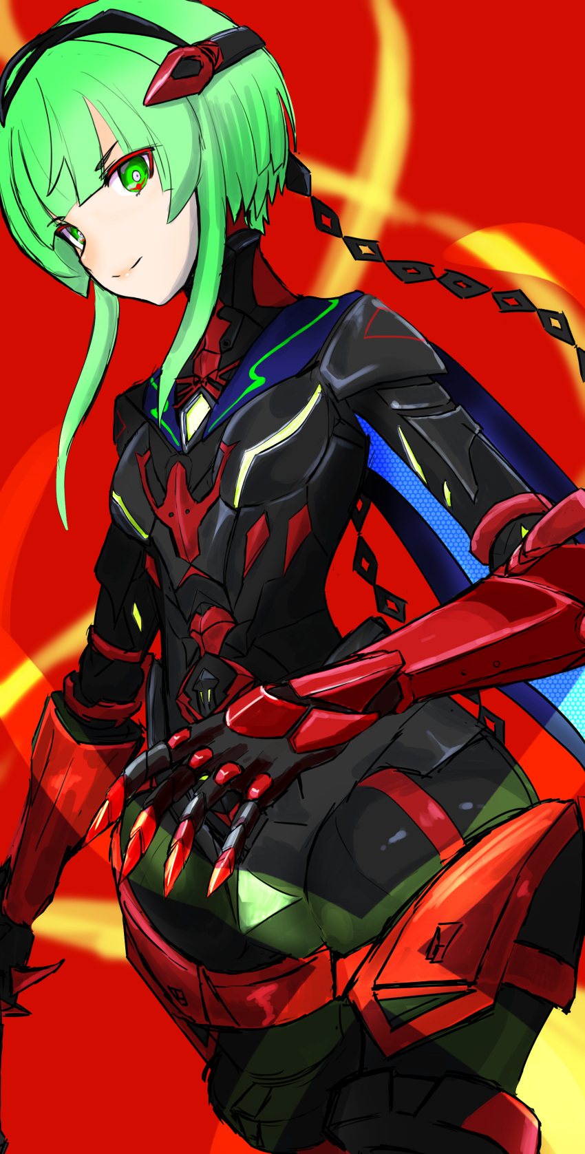1girl absurdres chest_jewel gem green_eyes green_hair highres ino_(xenoblade) joints karian909 mecha mechanical_arms mechanical_legs red_background robot robot_joints smile solo xenoblade_chronicles_(series) xenoblade_chronicles_3