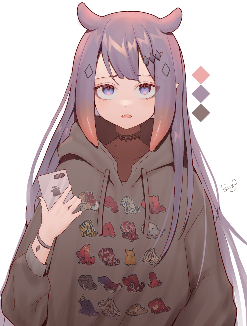 1girl absurdres bangs blue_eyes cellphone fang gradient_hair highres holding holding_phone hololive hololive_english hood hoodie long_hair long_sleeves mole mole_under_eye multicolored_hair ninomae_ina'nis octopus_print open_mouth orange_hair phone print_hoodie purple_hair simple_background smartphone solo szuukie upper_body virtual_youtuber white_background
