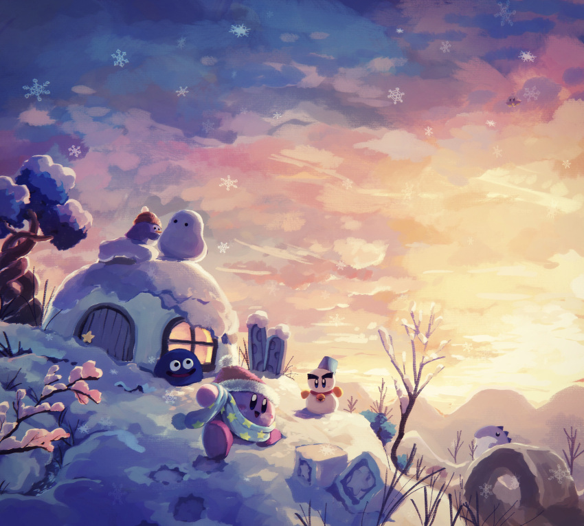 absurdres blue_scarf character_request chilly_(kirby) footprints gooey_(kirby) hat highres house kirby kirby_(series) outdoors red_headwear scarf sky snow snowflakes snowing snowman sunset suyasuyabi tree window