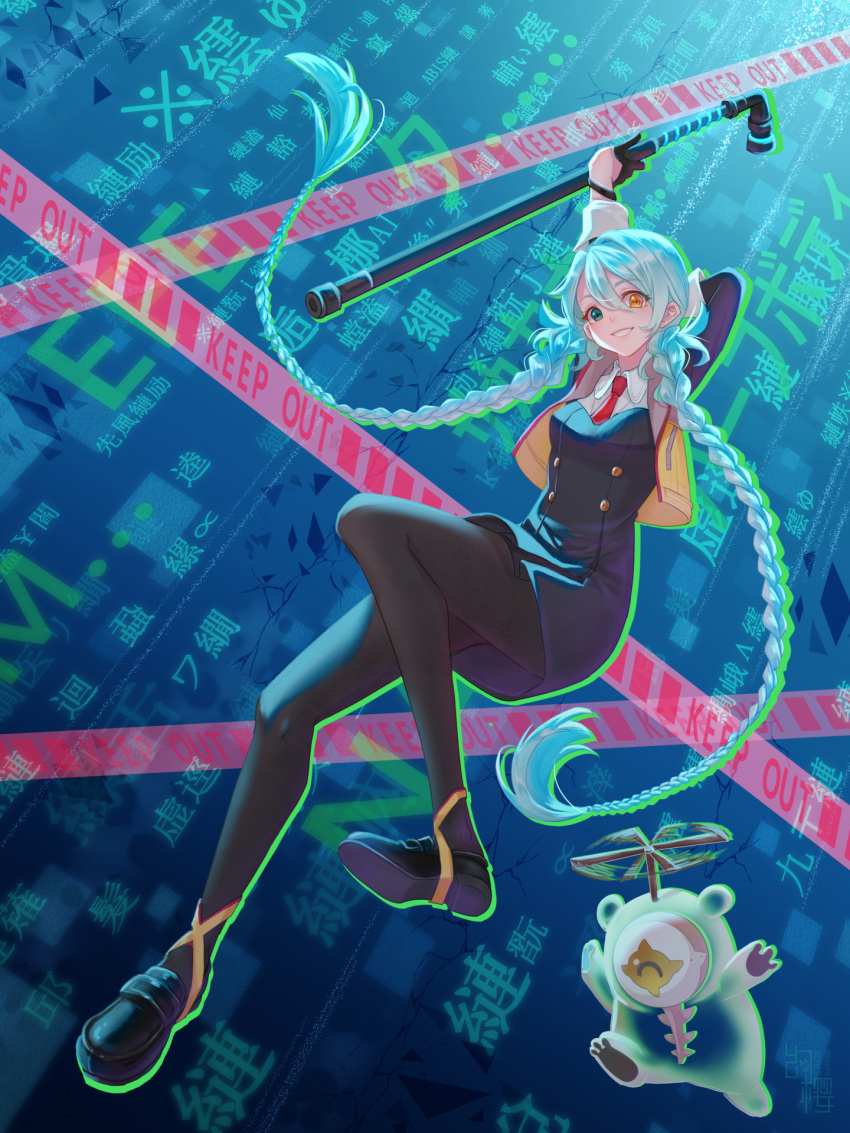 1girl ai_the_somnium_files aiba_(ai_the_somnium_files) aqua_eyes aqua_hair arms_behind_head black_dress black_gloves black_pantyhose braid breasts caution_tape collared_shirt cropped_jacket dress dress_shoes full_body gloves grin hair_between_eyes half_gloves heterochromia highres holding holding_staff holding_weapon huan_ying long_hair long_sleeves looking_at_viewer medium_breasts necktie okiura_mizuki orange_eyes pantyhose red_necktie shirt short_dress sleeves_rolled_up smile staff twin_braids weapon white_shirt