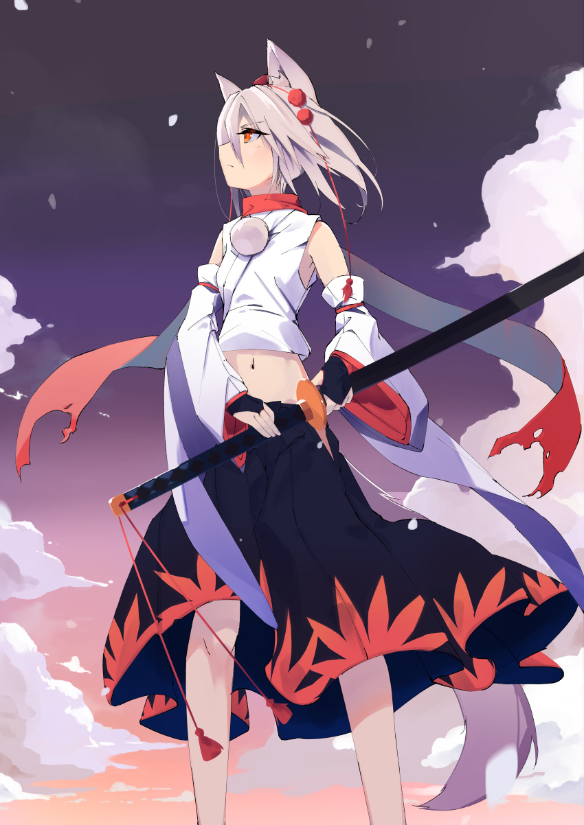 1girl absurdres animal_ear_fluff animal_ears black_skirt closed_mouth clouds detached_sleeves feet_out_of_frame gradient gradient_background hair_ornament hat highres holding holding_sword holding_weapon inubashiri_momiji kakaricho_dairi katana leaf maple_leaf navel outdoors pom_pom_(clothes) red_eyes red_headwear shirt short_hair skirt solo standing sword tail tokin_hat touhou weapon white_hair white_shirt wide_sleeves wolf_ears wolf_tail