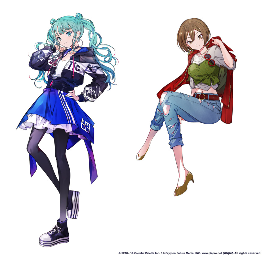 2girls aqua_eyes aqua_hair aqua_nails bangs black_pantyhose brown_eyes brown_hair closed_mouth denim earrings eyewear_hang eyewear_removed hair_between_eyes hair_rings hand_on_hip hatsune_miku jacket jacket_on_shoulders jeans jewelry long_hair looking_at_viewer meiko multiple_girls official_art pants pantyhose project_sekai red_jacket shirt short_hair smile suou torn_clothes torn_jeans torn_pants triangle_earrings twintails vivid_bad_squad_(project_sekai) vocaloid wavy_hair white_shirt