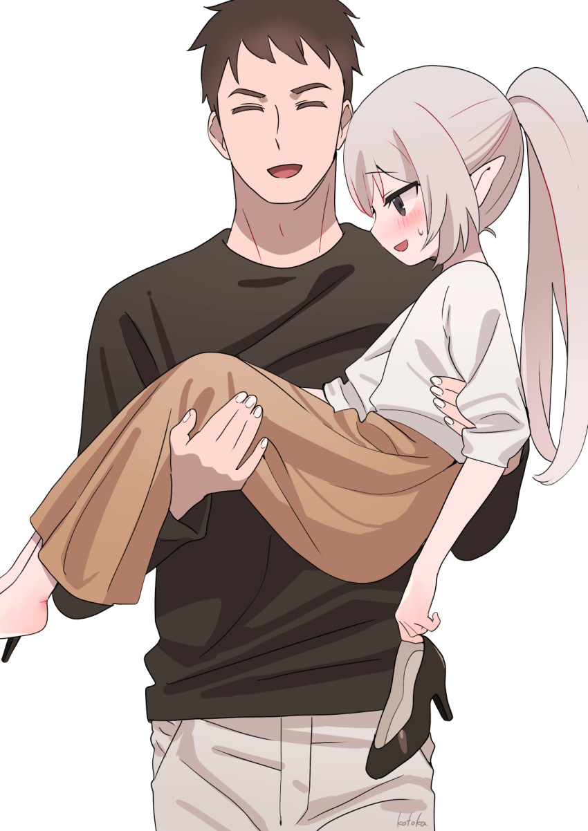 1boy 1girl artist_name black_footwear black_shirt blush brown_hair brown_skirt carrying carrying_person closed_eyes elf embarrassed grey_hair height_difference high_heels highres holding holding_clothes holding_footwear long_skirt open_mouth original pointy_ears ponytail princess_carry shirt signature simple_background skirt smile standing sweatdrop white_background white_shirt zenshin