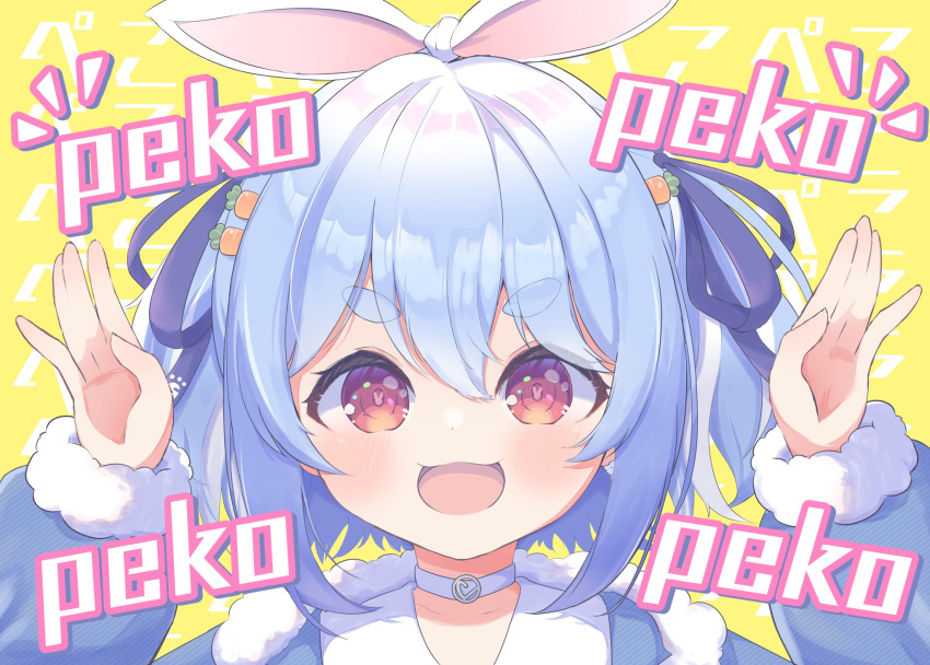 1girl :d animal_ears blue_hair blue_jacket blush bunny-shaped_pupils carrot_hair_ornament choker food-themed_hair_ornament fur-trimmed_jacket fur_trim hair_between_eyes hair_ornament hair_ribbon highres hololive jacket looking_at_viewer medium_hair multicolored_hair nananana_(nana_hololive) official_alternate_hair_length official_alternate_hairstyle rabbit_ears rabbit_girl red_eyes ribbon smile solo symbol-shaped_pupils thick_eyebrows two-tone_hair usada_pekora v-shaped_eyebrows virtual_youtuber white_choker white_hair