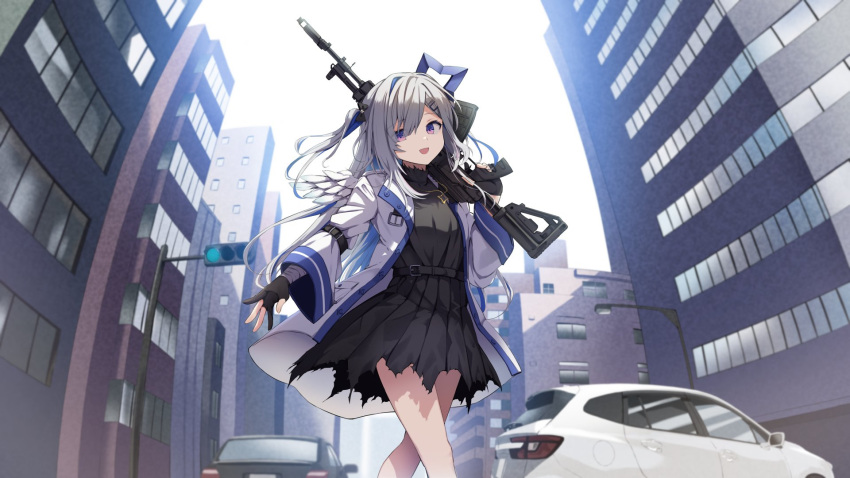 1girl :d amane_kanata angel angel_wings bandaged_arm bandages belt black_belt black_dress black_gloves blue_hair blue_wings city coat colored_inner_hair dress empty_eyes feathered_wings fisheye gloves gradient gradient_wings grey_hair gun hair_ornament hairclip halo highres holding holding_weapon hololive jacket jewelry long_hair long_sleeves looking_at_viewer mini_wings multicolored_hair multicolored_wings necklace official_art open_clothes open_jacket partially_fingerless_gloves rifle short_dress single_hair_intake smile snooze_(vocaloid) solo star_(symbol) star_halo star_necklace summer_tail720 torn_clothes torn_dress trench_coat two_side_up violet_eyes virtual_youtuber weapon white_coat white_jacket white_wings wings