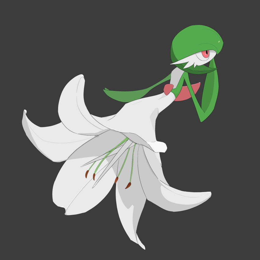 1girl bangs bob_cut colored_skin commentary flower from_behind full_body gardevoir green_hair green_skin grey_background hai_(gardevoirrr) hand_to_own_mouth hand_up highres legs lily_(flower) looking_up multicolored_skin pokemon pokemon_(creature) red_eyes short_hair simple_background sketch solo two-tone_skin upskirt white_flower white_skin