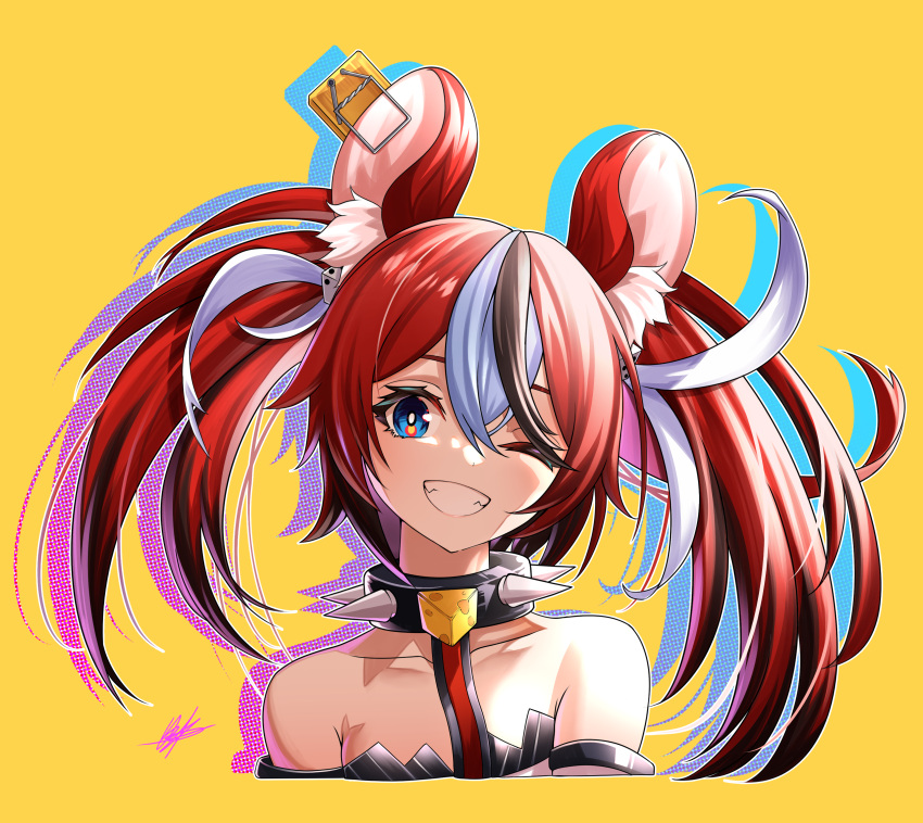 1girl absurdres animal_ears animatrix20 asymmetrical_hair blue_eyes collar cropped_torso grin hakos_baelz highres hololive hololive_english mouse_ears multicolored_hair one_eye_closed redhead smile spiked_collar spikes streaked_hair twintails virtual_youtuber yellow_background