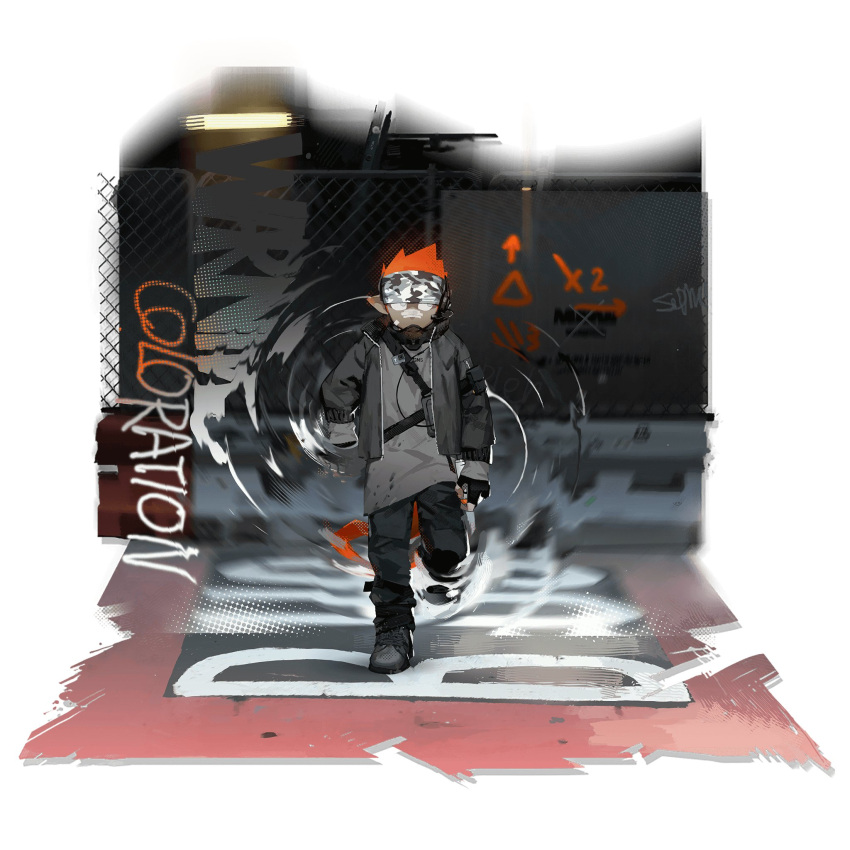 1boy alternate_hair_color arknights artist_request black_gloves bow chameleon_tail coat colored_sclera dark-skinned_male dark_skin ethan_(arknights) ethan_(infiltrator)_(arknights) facial_hair full_body gloves goggles goggles_on_head graffiti grey_sclera grin hand_on_hip highres hood hood_down hooded_coat male_focus mouth_hold non-web_source nose_tape official_alternate_costume official_art oversized_zipper pointy_ears polka_dot red_bow redhead shaded_face smile solo source_request tail teeth white_coat white_eyes zipper
