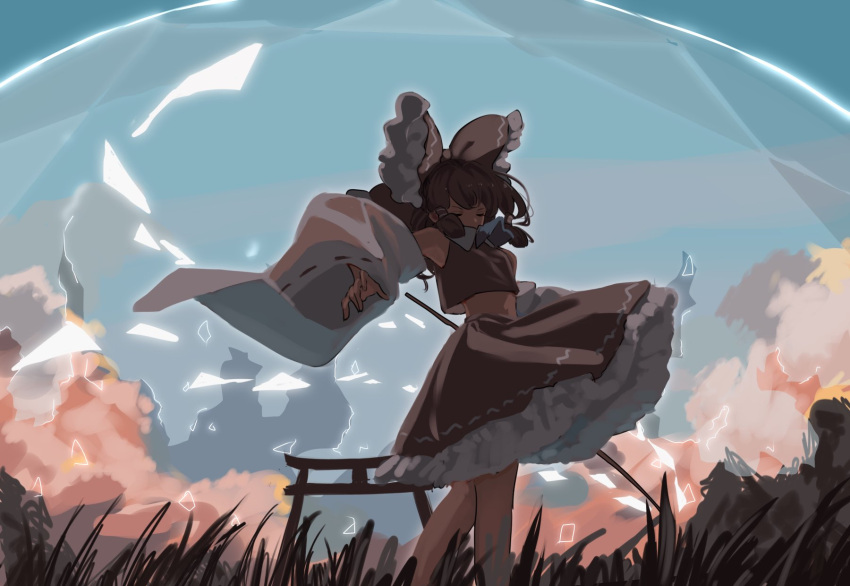 1girl bow brown_hair closed_eyes detached_sleeves frilled_bow frilled_skirt frills grass hair_bow hakurei_reimu highres long_hair long_sleeves midriff navel outdoors red_bow red_skirt red_vest skirt solo torii touhou tuck vest wide_sleeves