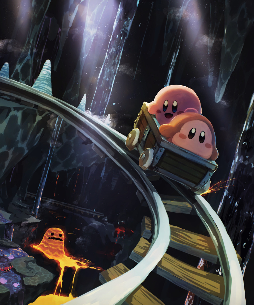 absurdres cart cave crab dark fire happy highres kirby kirby_(series) kirby_64 light light_rays magman molten_rock monster open_mouth railroad_tracks signature suyasuyabi tongue waddle_dee water waterfall
