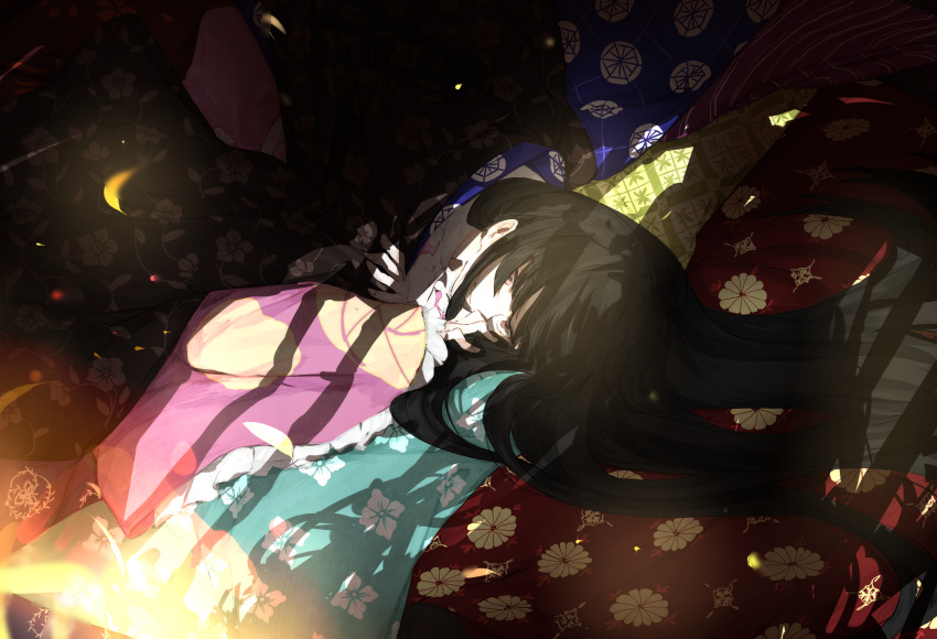 1girl black_hair blanket closed_mouth fingernails floral_print frilled_sleeves frills from_above hands_up highres houraisan_kaguya light_smile long_hair long_sleeves looking_at_viewer lying mochaaoi on_side pink_eyes pink_shirt shirt solo sunlight touhou upper_body very_long_hair wide_sleeves