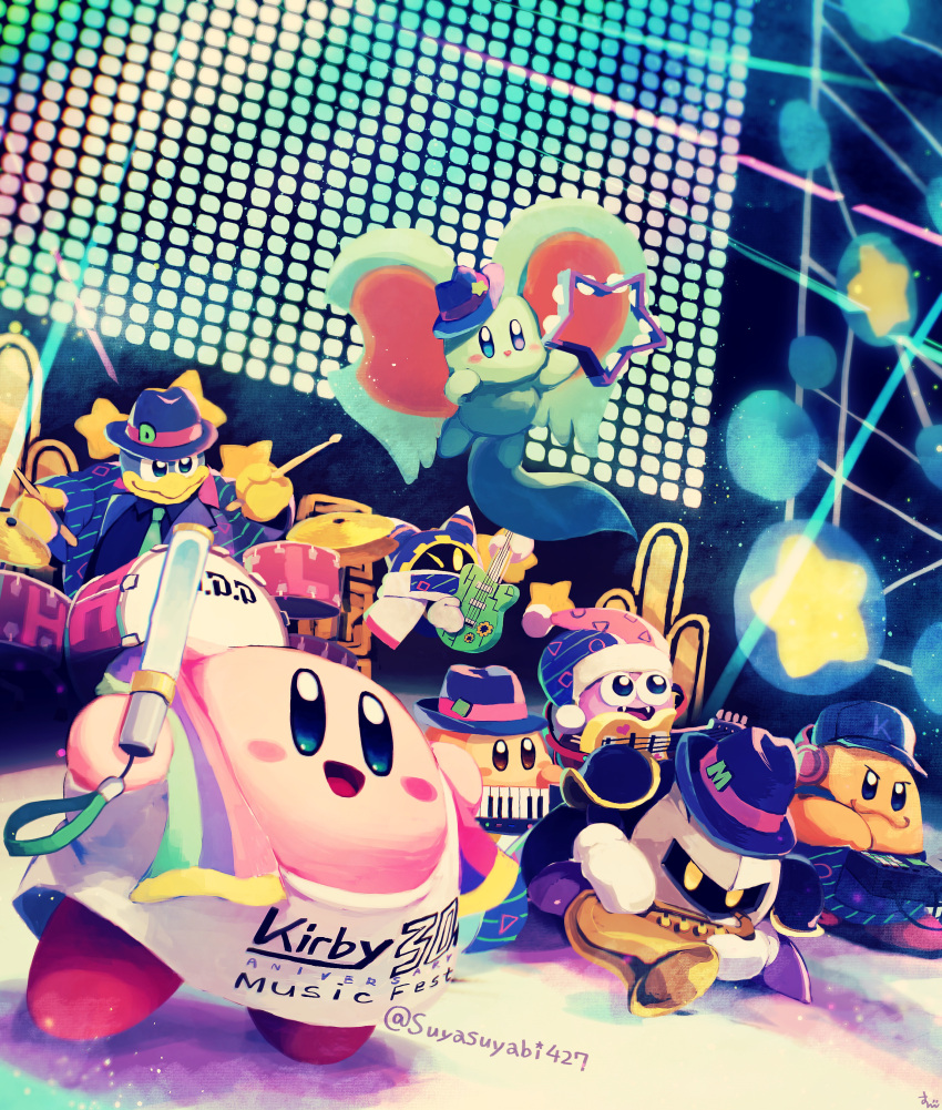 absurdres band black_headwear blush character_request check_character chef_kawasaki drum elfilin guitar hat headphones highres holding holding_glowstick holding_instrument instrument keyboard_(instrument) king_dedede kirby kirby_(series) kirby_and_the_forgotten_land magolor marx_(kirby) meta_knight open_mouth saxophone smile suyasuyabi tambourine twitter_username