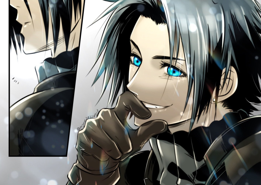 1boy aiz00 aqua_eyes armor bangs black_hair brown_gloves close-up crisis_core_final_fantasy_vii earrings final_fantasy final_fantasy_vii gloves grin hand_to_own_mouth jewelry male_focus multiple_views parted_bangs parted_lips short_hair shoulder_armor single_earring smile solo teeth turtleneck twitter_username upper_body zack_fair