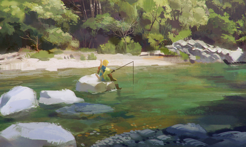 1boy blonde_hair blue_tunic boots brown_footwear fishing_rod foliage full_body green_pants highres joanne_tran leg_up link long_sleeves nature outdoors pants pointy_ears river riverbank rock short_hair solo the_legend_of_zelda the_legend_of_zelda:_breath_of_the_wild tree weapon weapon_on_back