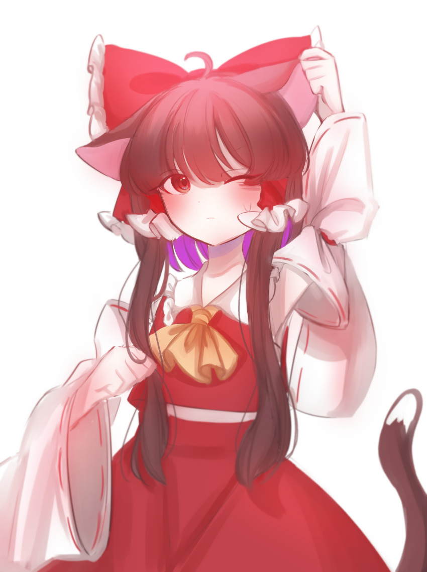 1girl absurdres ahoge animal_ears ascot bangs blush bow brown_hair cat_ears cowboy_shot detached_sleeves frilled_bow frilled_hair_tubes frilled_shirt_collar frills hair_bow hair_tubes hakurei_reimu highres hirashi_yr kemonomimi_mode long_hair one_eye_closed red_bow red_eyes ribbon-trimmed_sleeves ribbon_trim skirt skirt_set solo tail touhou