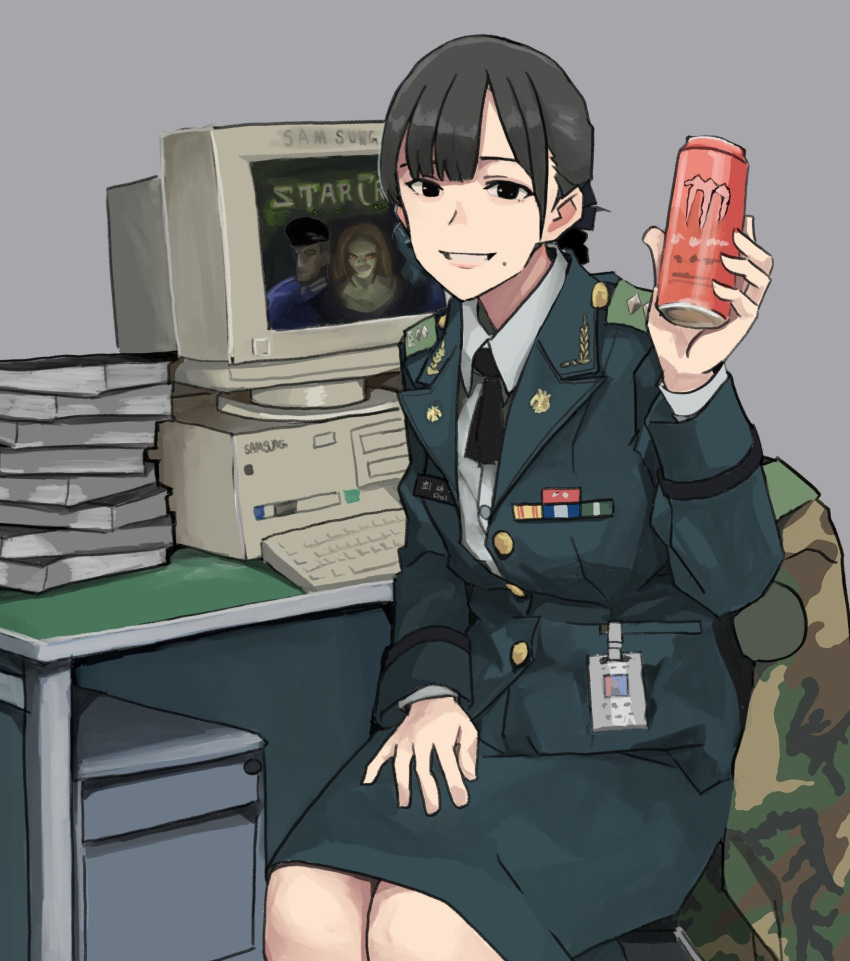 1girl at_computer badge bangs black_eyes black_hair book breasts buttons camouflage camouflage_jacket can collared_shirt commentary_request computer crt desk energy_drink epaulettes grey_background hair_between_eyes happy highres jacket keyboard_(computer) korean_text long_sleeves looking_at_viewer medium_breasts medium_hair military military_uniform monitor monster_energy name_tag open_mouth original perfect_han playing_games republic_of_korea_army ribbon_bar samsung shirt simple_background sitting skirt smile solo starcraft unbuttoned uniform white_shirt