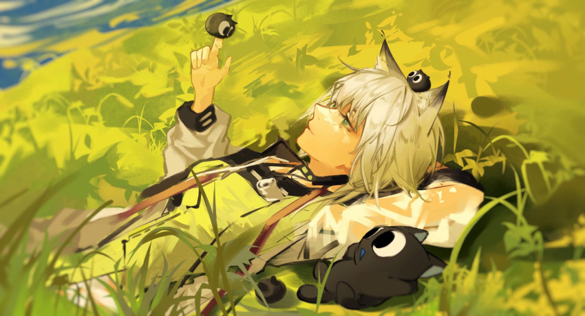 1girl animal_ears animal_on_head arknights arm_behind_back black_cat breasts cat cat_ears cat_girl cat_on_head dress dutch_angle grass green_dress green_eyes green_hair highres kal'tsit_(arknights) long_sleeves luoxiaohei lying on_back on_head outdoors short_hair small_breasts solo stethoscope the_legend_of_luo_xiaohei upper_body user_jyzj5424