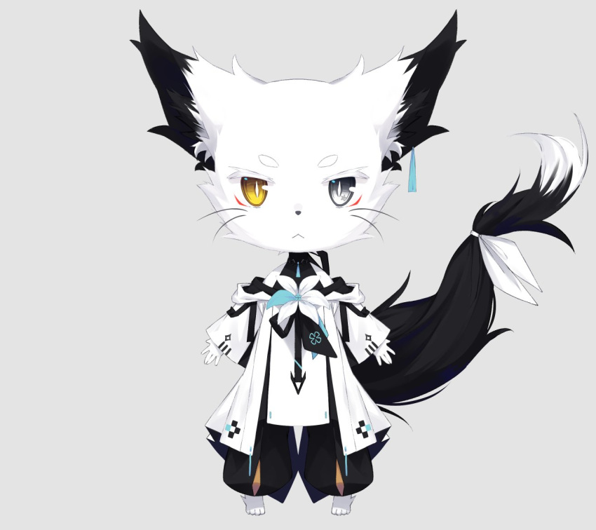 animal animal_ear_fluff animal_ears animal_focus bare_shoulders black_fur black_tail ear_ornament fox fox_ears fox_tail fur grey_eyes hakama hakama_pants heterochromia japanese_clothes nagishiro_mito no_humans original pants personification red_eyeliner solo tail tail_ornament whiskers white_fur yellow_eyes