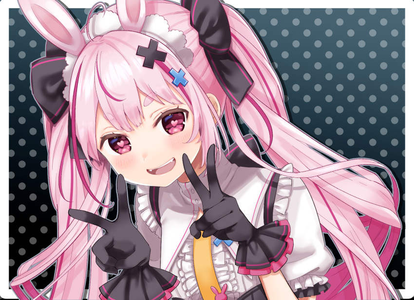 1girl :d ahoge animal_ears arime_hotaru bangs blush center_frills collared_shirt double_v fangs frilled_shirt_collar frilled_sleeves frills gloves hair_ornament hairband heart heart-shaped_pupils highres indie_virtual_youtuber lolita_hairband long_hair looking_at_viewer multicolored_hair necktie open_mouth pink_eyes pink_hair rabbit_ears shirt short_sleeves smile solo streaked_hair suspenders symbol-shaped_pupils tomari_mari twintails two-tone_hair v virtual_youtuber x_hair_ornament