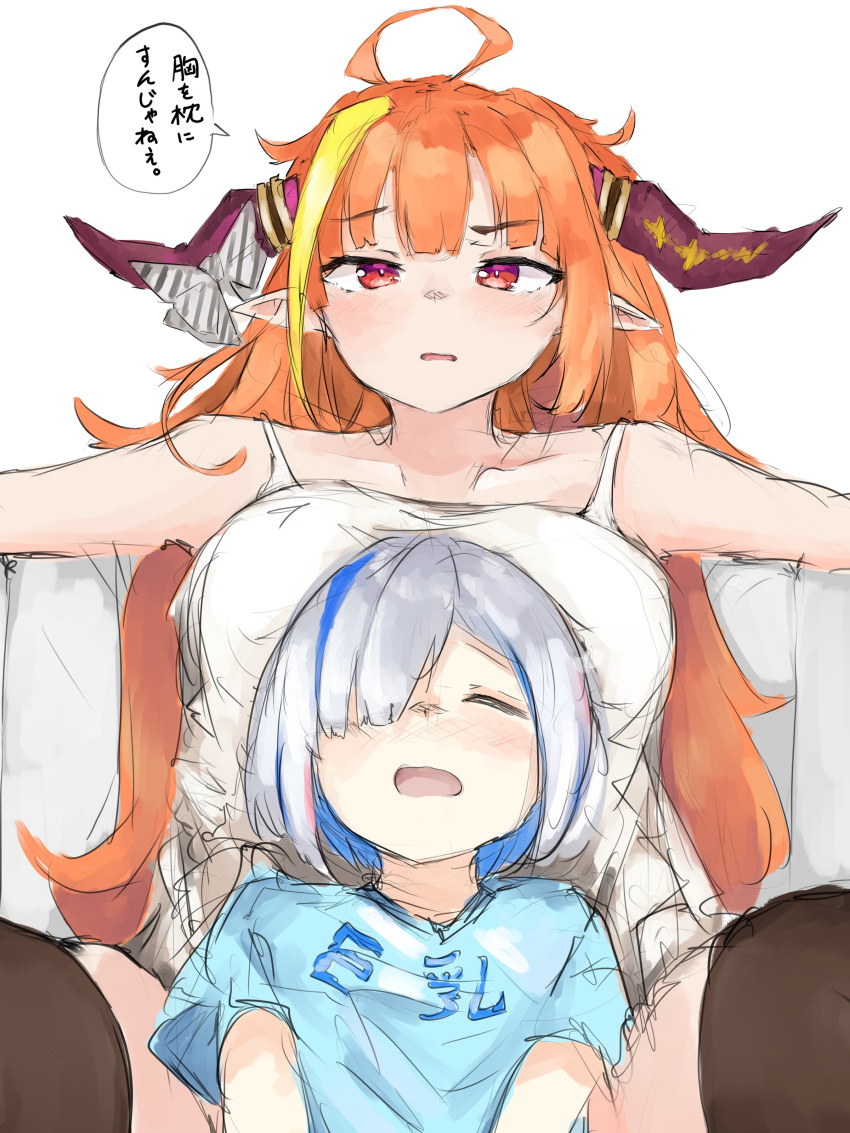 2girls absurdres amane_kanata bangs blue_shirt blunt_bangs bow breast_pillow breasts camisole closed_eyes clothes_writing colored_inner_hair commentary diagonal-striped_bow dragon_girl dragon_horns hair_over_one_eye highres hololive horn_bow horn_ornament horns kiryu_coco long_hair multicolored_hair multiple_girls no_pants open_mouth orange_hair pointy_ears red_eyes resting shirt short_hair sitting sitting_between_lap spaghetti_strap streaked_hair striped striped_bow suzu_coconatu t-shirt talking tank_top thigh-highs translated virtual_youtuber white_background white_camisole white_shirt
